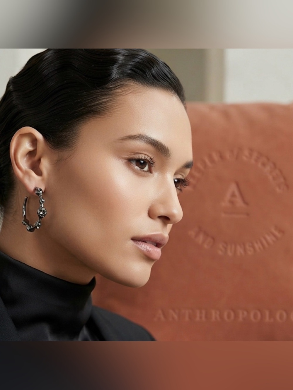 New authentic Anthropologie dark crystal gun metal hoop earrings with dust bag